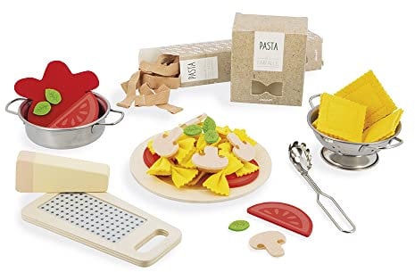Janod - Pasta-Mix - Nudel-Set- Rollenspielzeug Küche und Essgeschirr - 58 Elemente aus Holz, Pappe und Filz - FSC-zertifiziert - Wasserfarbe - ab 3 Jahre, J06598
