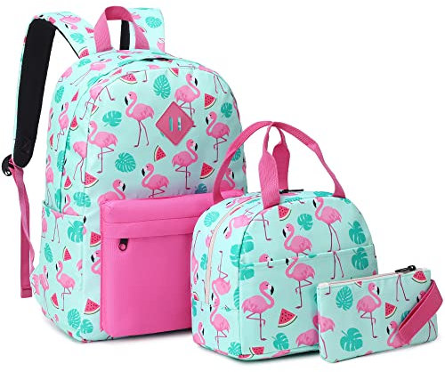 Mimfutu Sac à Dos d'école pour Adolescentes, Sac à Dos 3 en 1 pour Enfants, Cartable avec boîte à déjeuner et Trousse à Crayons, Flamant Rose, L, Ensemble Cartable