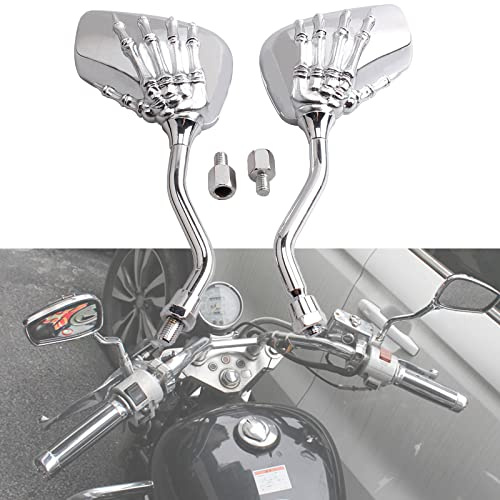 Universal Motorcycle Chrome Skeleton Hands Claw Rear View Mirrors - Silver | 1 Pair High Definition Moto Mirror for Scooter Motorbike E-Bikes ATV with 8mm and 10mm Thread