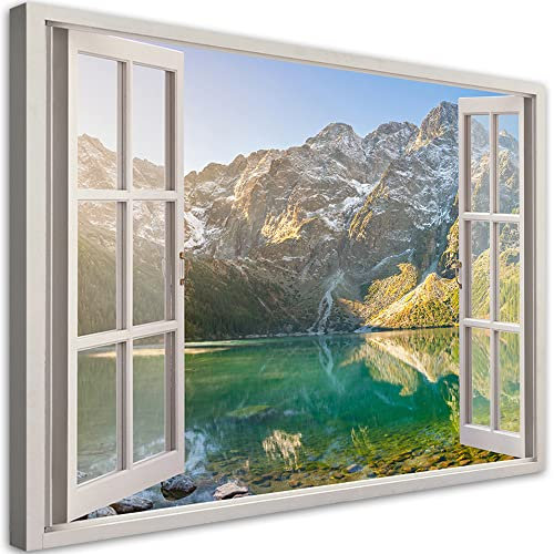 Feeby Bilder Bilder Fensterblick See Wald Berge 60x40 cm Leinwandbild 1-teilig Design Kunstdruck Zimmerdeko Wohnzimmer Bilderwand Alpen Natur Landschafts Grün
