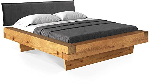 moebel-eins CURBY Balkenbett mit Polster-Kopfteil, Wangenfuß, Material Massivholz, 200 x 220 cm, Natur, Stoff Anthrazit