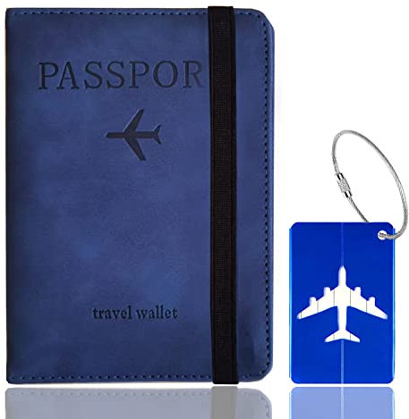 Toctax Reisepasshülle, Passhülle mit RFID-Blocker, Schutzhülle Tasche für Kreditkarten, Reisepass Geschenk Passinhaberdeckel Karteninhaber, Ausweis und Reisedokumente mit Kofferanhänger(Dunkelblau)