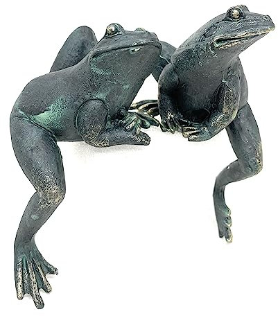 Small Bronzed Green Pair of Climbing Frogs Garden Patio Pond Ornament Figure Statue Decor Shelf Sitters