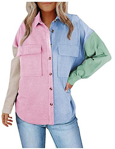 Susenstone Chemise Femme Velours Côtelé Décontracté Boutonné Manches Longues Flanelle Chemise Vestes Color Block Patchwork Chemises avec Poches Automne Outwear Dames, Rose, L