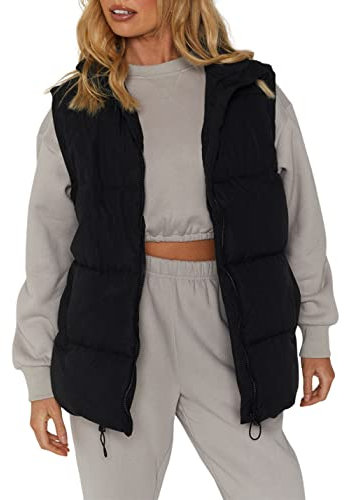 Athlisan Gepolsterte Damenjacke mit Reißverschluss und Stehkragen ohne Ärmel, Schwarz , XXL