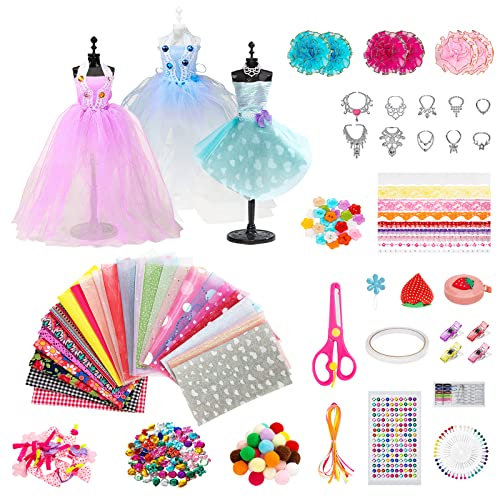 Wisplye 448PCS Modedesign Mädchen Fashion Designer Bastelset Nähsets Design Sketchbook Stoffschere Mannequin Schneiderpuppe Basteln Geschenke für Kinder 8 9 10 11 12 Jahre