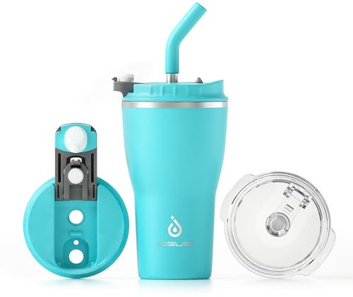 Ideus Isolierbecher 14oz (420ml), Doppelwandige Kaffeetasse Edelstahl Kaffeebecher Reisebecher mit auslaufsicherer Abdeckung und Stroh, geeignet für heiße und kalte Getränke (Himmelblau)