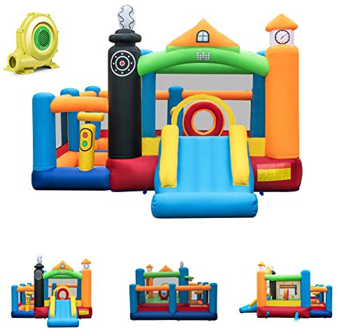GOPLUS 6 en 1 Château Gonflable sur Thème du Train, Aire de Jeux Gonflable avec Toboggan,Trampoline,Pataugeoire, pour 3 Enfants 3-10 Ans 135KG, 480×365×245 CM (Train, avec Souffleur 680w)