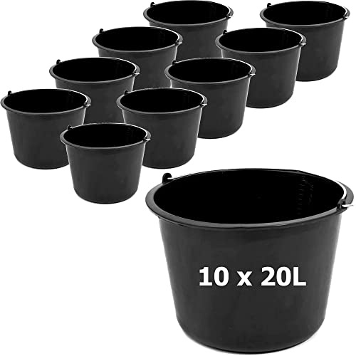 Seau à mortier - Lot de 10 seaux à mortier - 20 l - Pour chantier de construction - 36,5 cm - Noir