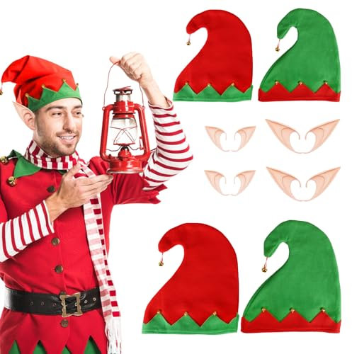 LOOPES 4 Set Weihnachtselfen Hut Weihnachtselfenhut Kinder Elfenmützen Wichtelmütze Weihnachten Elfe Mütze mit Elfenohren Weihnachtself Kostüm Set für Kinder Erwachsene Weihnachten Karneval Party