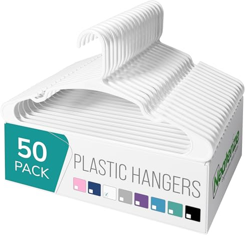 NEATERIZE Clothes Hangers Plastic 50 Pack for Adults - Plastic Hangers, The Perfect Coat Hanger and Space Saving Clothes Hangers for Closet, Percheros Ganchos para Colgar Ropa Hangars - White Hangers