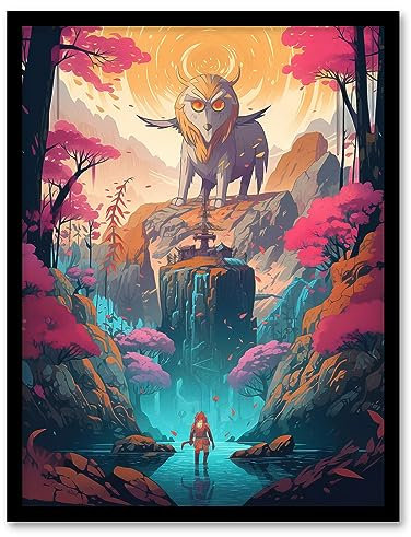 Artery8 Japanese Yokai Concept Art Painting Mythical Folklore Creature Standing Before Warrior in a Cherry Blossom Forest Landscape Art Print Framed Poster Wall Decor 12x16 inch