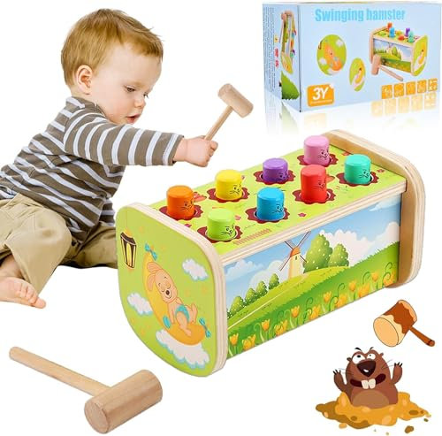 Montessori Spielzeug Hammer Spiel, Hammerspiel für Kinder ab 1 Jahre, Langlebiges Holzspielzeug mit 1 Holzhammer, Hämmerchenspiel, Holz Klopfspiel Geschenk ab 12 Monate Junge Mädchen