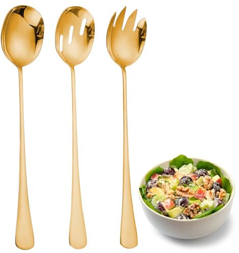 Juego de cucharas para Ensalada,Cuchara de Ensalada Tenedor de Ensalada Juego de cucharas y Tenedores para Ensalada Cubiertos para Servir Ensalada para cocinas restaurantes Fiestas (3 uds Oro) (oro)