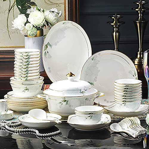 68-TLG. Geschirr-Set für 10 Personen, Weißes Porzellan Bone China Küchen-Kombi-Set Speise-Set mit Müslischalen Dessertteller Suppenteller Speiseteller mit Goldrand
