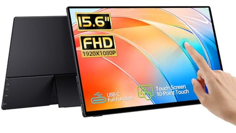 CAPERAVE Touch screen portatile da 15,6 pollici, touch screen IPS FHD con vetro temperato, monitor da viaggio con cavalletto e altoparlante, monitor esterni HDMI USB C per laptop, telefono