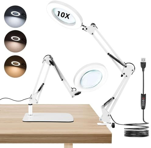 Towwoo Lupe mit Licht und Ständer, 10X Lupenleuchte mit Klemme und Großer Basis, 72 Dimmbar LEDs, 3 Farbmodi 10 Helligkeit, Tischlupe mit Beleuchtung für Naharbeiten, Schmuck, Lesen, Reparieren (Weiß)
