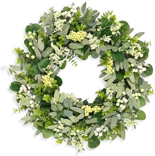 COLORSPEC Eucalyptus Wreath for Front Door, 61 cm/24 inch Spring Summer All Year Wreath, Boxwood Eucalyptus Door Wreath Decoration for Outdoor Indoor Farmhouse Wedding Home Wall Fireplace