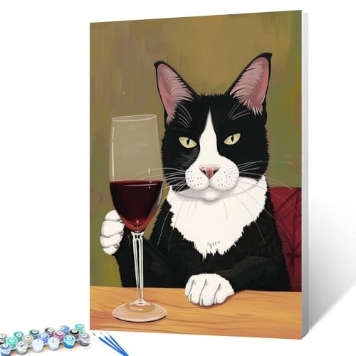 Black and White Cat Drinking Wine Paint by Numbers for Adults DIY Red Wine Glass Cats Painting Abstract Painting Kits for Home Living Room Bedroom Office Wall Decor 16x20inch Gift (Frameless)
