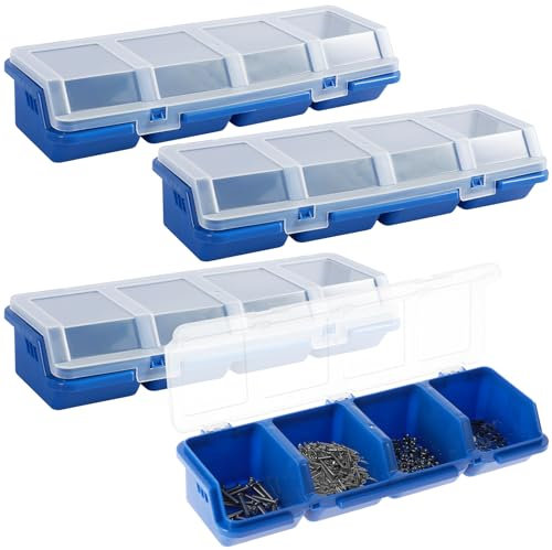 4Pcs Parts Storage Box Plastic Modular Box Stackable 4 Compartment Small Tool Part Container Bin with Lid & Lock Divided Hardware Screw Organizer Bin for Garage Workshop(blue)