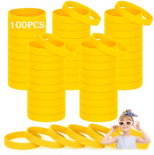 HONTIUS Kids silicone wristbands, 100PCS kids Yellow Rubber Wristbands Blank Wrist Bands Universal Wristband Set for Kids Child Children Kindergarden Team Sport(Suitable for 3-7aged)