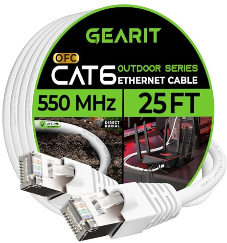 GEARit Cat6 Outdoor Ethernet Cable (25ft) 23AWG Pure Copper, FTP, LLDPE, Waterproof, Direct Burial, In-Ground, UV Resistant, POE, Network, LAN, Internet, Cat 6, Cat6 Cable - 25 Feet