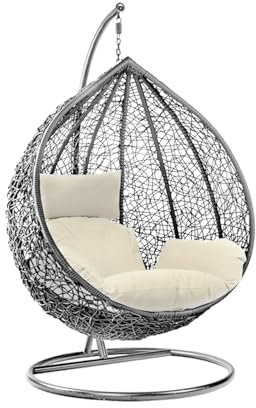 Rattan Swing Egg Chair Garden Swing Chair Patio Hanging Chair Indoor/Outdoor Hanging Hammock with Cushion (Grey Egg Chair & white Cushion)