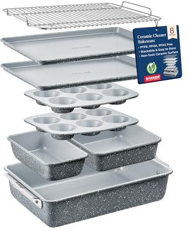 Bakken - Set di 8 teglie da forno impilabili, in ceramica, antiaderenti, adatte al forno, senza PTFE/PFOA/PFOS, manici ergonomici, include griglia di raffreddamento, elementi essenziali per la cottura