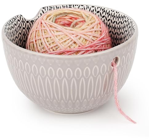 Aeelike Grau GroßE Keramik Garnschale, Elegant Tragbarer Keramik Garn Schüssel Halter Runde mit löchern, Handgefertigte Wollschale Garnschale,15,5x 9,5 cm für Stricken Häkeln Zubehör DIY Geschenke