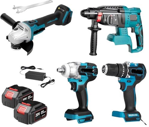CYTBEK Rechargeable Brushless Power Tool Combo Kit, Multifunctional Home Combination Kit Tool Box, Electric Hammer, Angle Grinder, Lithium Battery Wrench, Impact Drill with Two Batteries and Charger