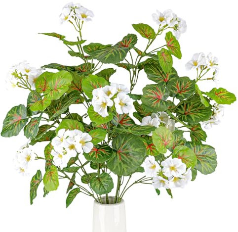 Gresorth 4 Bündel Künstliche Geranie Blume Zweigstelle Dekoration Gefälschte Weiß Begonie Blumenstrauß Anzeige Realistisch Blätter Vorbau Verzierung Garten Bauernhaus - 78cm
