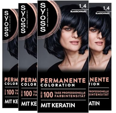 SYOSS Coloración 1_4 azul negro (4 x 115 ml), coloración permanente con queratina que proporciona hasta 100 días de intensidad de color profesional, cobertura de canas 100 %