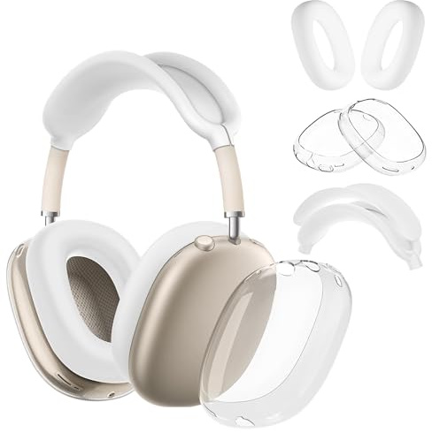 Seltureone 4 in 1 Hülle kompatibel für AirPods Max Ohrpolster, Ohrmuschel-Abdeckungs Schutz, Silikon-Kopfhörer-Schutzhülle, Zubehör für AirPod Max-Kopfhörer, Ohrpolster - Weiß