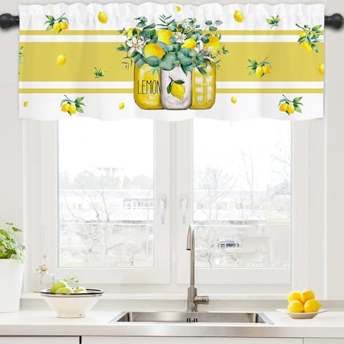 Summer Lemon Curtains Valance for Windows, Lemons Semi Sheer Curtain Valances, Fruit Yellow kitchen Window Curtains Over Sink Light Filtering for Kitchen Farmhouse Living Room Bathroom 54x18