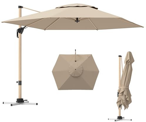 Outsunny Parasol déporté parasol de jardin extérieur hexagonal 4,2 x 3 m avec manivelle, protection UV UPF50+, inclinable et rotatif à 360°, base croisée et 8 baleines, kaki