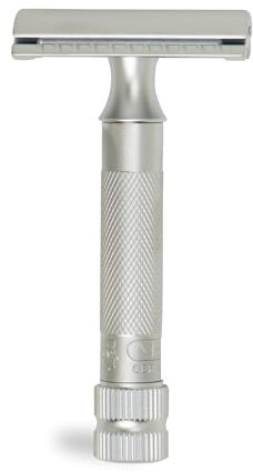 MERKUR Rasierhobel 34C | Kompaktgriff Mattchrom | Dreiteiliger Rasierer mit geradem Schnitt | Geschlossener Kamm | Ideal für Nassrasur | Zinkdruckguss | Messing Griffstück | Made in Germany
