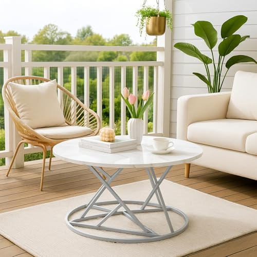 GOKHOMX Runder Couchtisch in Marmoroptik, Couchtisch weiß Wohnzimmertisch Rund mit silbernen Beinen Modern Kaffeetisch Beistelltisch für Wohnzimmer Lounge Balkon Outdoor, 80 × 80 cm, Weiß und Silber