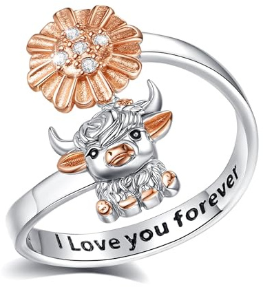 EUDORA Harmony Ball Bague en Argent Sterling 925 avec Motif Vache des Highlands pour Femme, Jolie Bague Ajustable Style Occidental écossais Anneau Ouvert Bijou Cadeau pour épouse et Fille