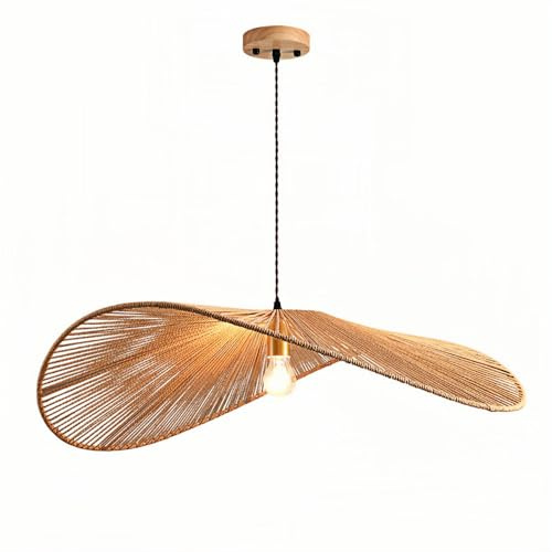 HOAYCNYJ Living Room Chandelier, Hemp Rope-Woven Dining Room Bar Pendant Lamp, Wabi-sabi Style Straw Hat Hanging Lights, Adjustable Suspension Line Ceiling Lighting Fixture, for Kitchen Island Cafe