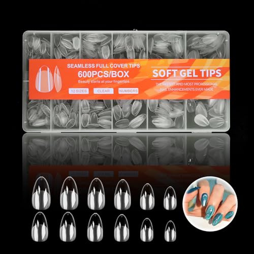 Almond Nail Tips, 600Pcs Medium Almond Nail Tip Half Matte Full Cover Clear Acrylic Gel Kit, Nail Tips for Gel Extensions 12 Sizes – False Press On Nails for Salon & DIY