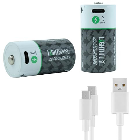 Lighthouse C Type USB-C Rechargeable Batteries Pack of 2 – 3000mAh Li-Ion 1.5V Battery Twin Pack with Fast 2.5h Charge, Up to 1200 Charge Cycles & Included Dual USB-A to USB-C Charging Cable