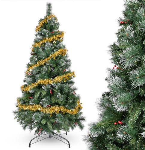 YEAUPE PRO Sapin de Noël Artificiel 175 cm avec Baies Rouges et Effet Neige, Décoré, PVC, Montage 3 Parties, Pied en Métal