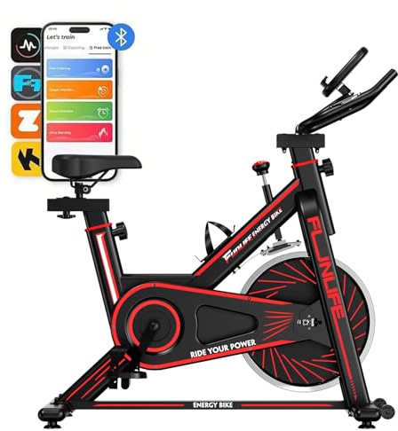 FunLife C1 Indoor Bike mit Bluetooth und Riemenantrieb, 120 kg | Leiser Heimtrainer mit App, FitShow und Kinomap, stufenlosem Widerstand sowie verstellbarem Sattel und Lenker