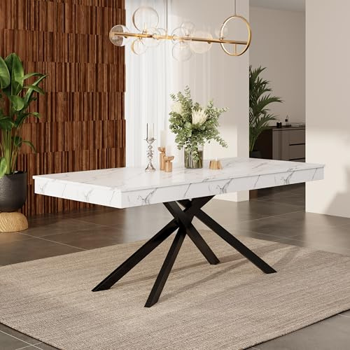 ModernLuxe Ausziehbarer Esstisch 140–180 cm für 6–8 Personen, Rechteckiger Esszimmertisch Weiß mit Metall Kreuzbeinen