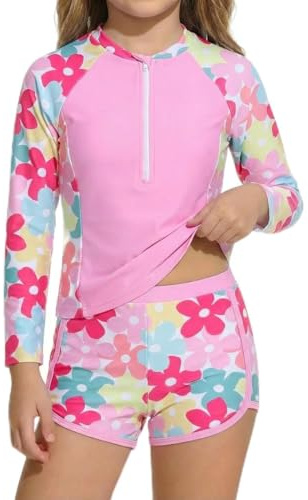 JiAmy Mädchen Badeanzug Set Langarm Shorts Rock Bikini 4 Jahre, Rosa-Blume