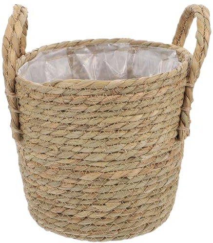 BESTOMZ Panier de Fleurs Tressé en Paille Naturelle Doublure Imperméable, Taille Moyenne Ø30 Cm, Support pour Plantes D’intérieur, Jardinière Décorative pour Cactus et Succulentes, Panier
