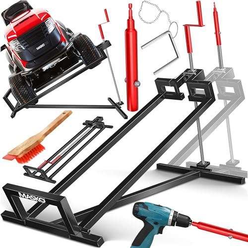 MASKO® XXL Rasentraktorheber 450 kg Hebevorrichtung Hebebühne Aufsitzmäher Reinigungshilfe universal, Rasentraktor-Heber, +45° Neigung verstellbar inkl Adapter, Handkurbel, Handschuhe & Bürste Schwarz