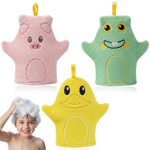 3er Pack Waschlappen Kinder aus Baumwolle, Weiche Baby Waschlappen mit süßen Tiermotiven (Schwein, Ente, Frosch), Saugfähige Waschhandschuhe für Babys und Kleinkinder