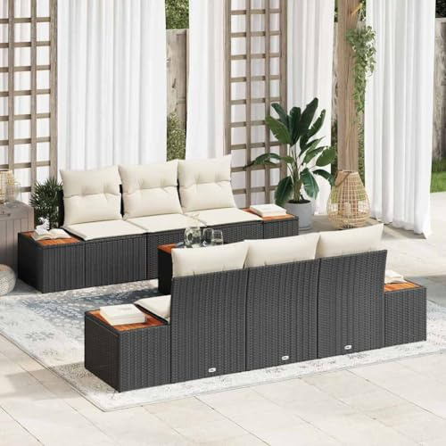 HEFZGDB Garten-Sofa-Set mit Stauraum 7-teilig Schwarz Poly Rattan Outdoor-Möbel Wohnlandschaft für Terrasse Balkon Garten
