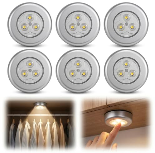 6 Pack Stick On Push Lights, Warm LED Battery Powered Wireless Night Light